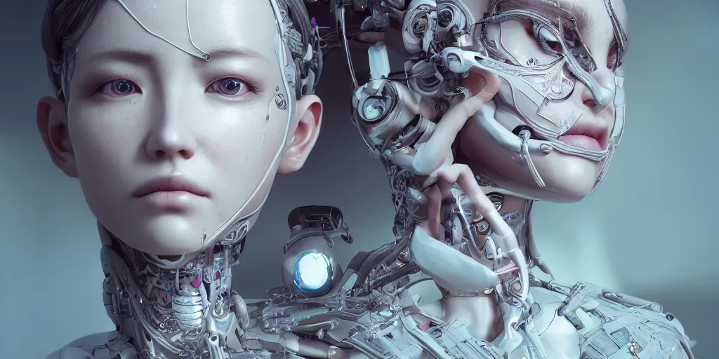 Image similar to hyper realistic photography, beautiful cyborg female, intimate holding close, in the style jin kagetsu, wlop, highly detailed, intricate filigree, symmetry, masterpiece, concept art, highkey lighting, ambient lighting, octane render, 8 k, artstation