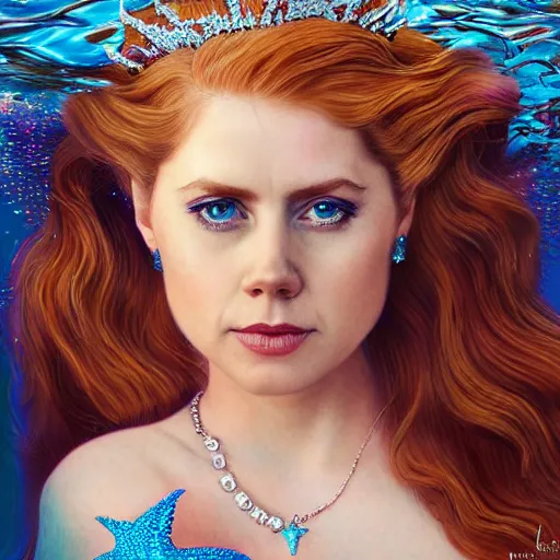 Image similar to amy adams portrait, fantasy, mermaid, hyperrealistic, game character, underwater, highly detailed, sharp focus, cinematic lighting, pearls, glowing hair, shells, gills, crown, water, highlights, starfish, jewelry, realistic, digital art, pastel, magic, fiction, ocean, king, colorful hair, sparkly eyes, fish, heroic, goddess, waves, bubbles, queen