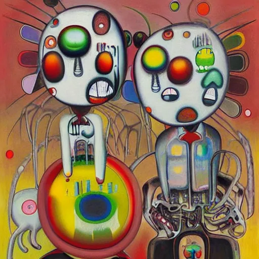 Image similar to Oil painting by Roberto Matta. Strange mechanical beings kissing. Portrait by Takashi Murakami.