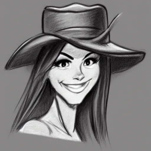 Image similar to milt kahl pencil sketch of victoria justice with a cowboy hat