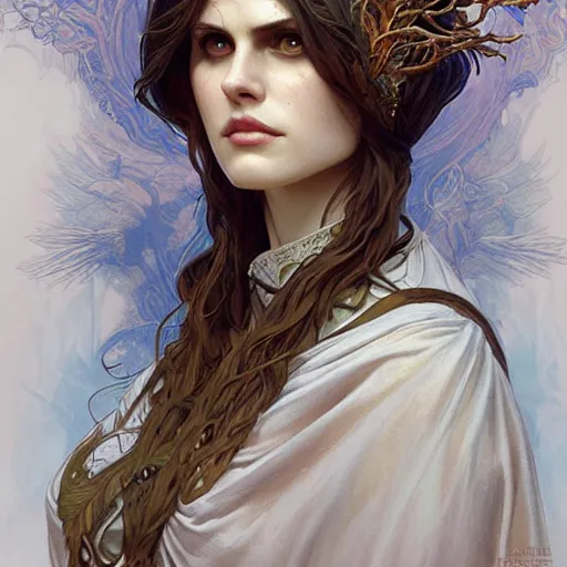 Prompt: beautiful druid witch maiden girl, Alexandra Daddario, intricate, elegant, highly detailed, digital painting, artstation, concept art, smooth, sharp focus, illustration, art by artgerm and greg rutkowski and alphonse mucha