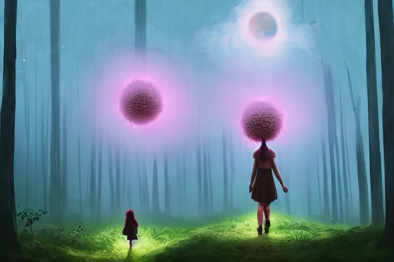 Image similar to giant daisy flower over head, girl walking in thick forest, surreal photography, dark night, stars, moon light, impressionist painting, clouds, digital painting, artstation, simon stalenhag