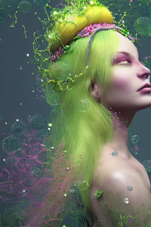 Prompt: transcending yesterday's self, vine headdress, moss patches, 2 0 mm, with pastel yellow and green bubbles bursting, pink hair, melting into lilligant, delicate, beautiful, intricate, houdini sidefx, by jeremy mann and ilya kuvshinov, jamie hewlett and ayami kojima, bold 3 d