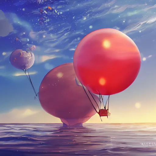 Prompt: digital art of plenty of giant birthday balloons floating above the sea. artstation cgsociety masterpiece