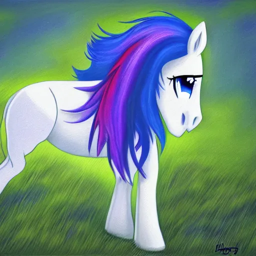 Prompt: a blue pony with purple hair standing in the grass, an ultrafine detailed painting by muggur, featured on deviantart, brony art, flat shading, angular, booru, horse face