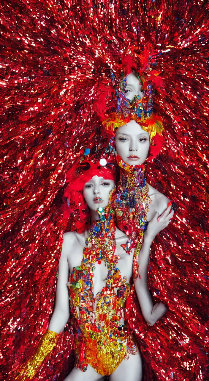 Image similar to a female character design wearing psychedelic high fashion, a red sequined bodysuit, beads hanging over her face like an alexander mcqueen headdress, costume by eiko ishioka, haute couture, dior, and a red cape by moebius, steven outram, colorful and psychedelic, hd, 8 k, artstation, high quality, ultra detailed