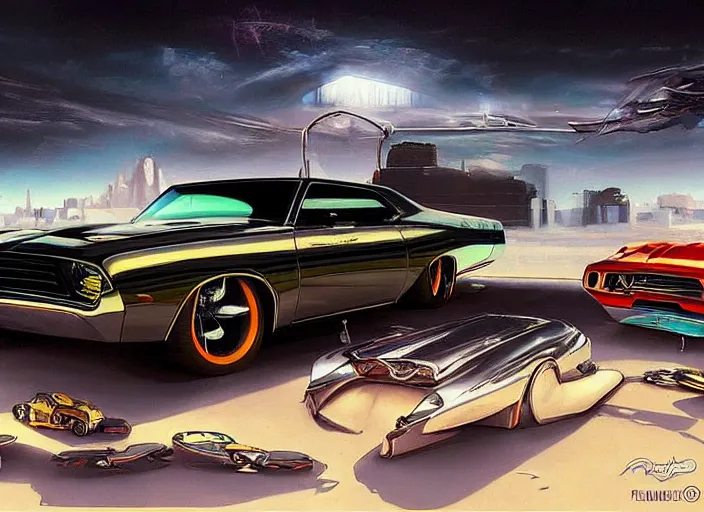 Prompt: lowrider muscle car fantasy of the future, art by alejandro burdisio