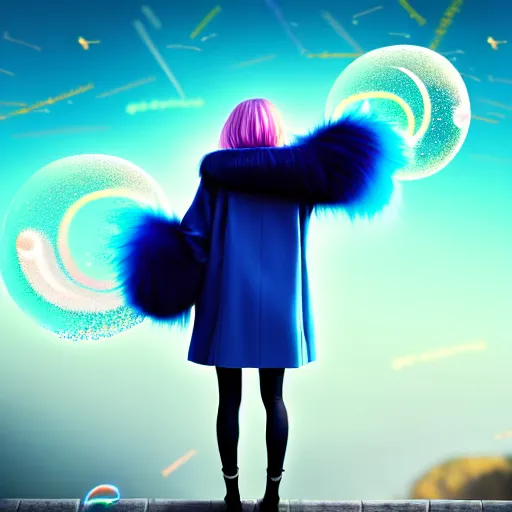 Prompt: blue sparks and bubbles flitting around a flying anime girl with long sky blue hair, low - angle shot from behind, blue coat, fur scarf, ultra fine detail, dark theme, realistic painting, photography, psychedelic, film still, cinematic, wlop, ilya kuvshinov, ismail inceoglu,