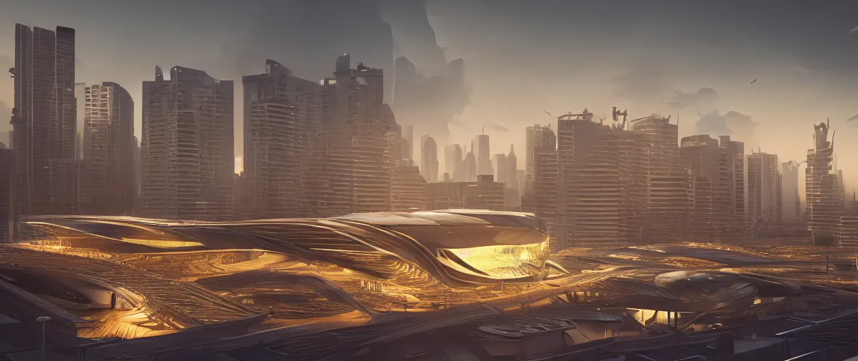 Image similar to modern beautiful Saha Hadid building, hypermaximalistic, high details, cinematic, 8k resolution, beautifully detailed, insanely intricate details, artstation trending, octane render, unreal engine, bright lit interiors, warm yellow lights, golden hour, city background in silhouette,