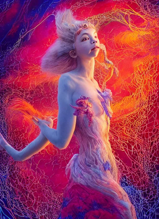 Image similar to hyper detailed 3d render like a Oil painting - very coherent Aurora profile (a beautiful fae princess protective playful expressive acrobatic from dark crystal that looks like Anya Taylor-Joy) seen red carpet photoshoot in UVIVF posing in scaly dress to Eat of the Strangling network of yellowcake aerochrome and milky Fruit and His delicate Hands hold of gossamer polyp blossoms bring iridescent fungal flowers whose spores black the foolish stars by Jacek Yerka, Ilya Kuvshinov, Mariusz Lewandowski, Houdini algorithmic generative render, golen ratio, Abstract brush strokes, Masterpiece, Victor Nizovtsev and James Gilleard, Zdzislaw Beksinski, Mark Ryden, Wolfgang Lettl, hints of Yayoi Kasuma and Dr. Seuss, Grant Wood, octane render, 8k