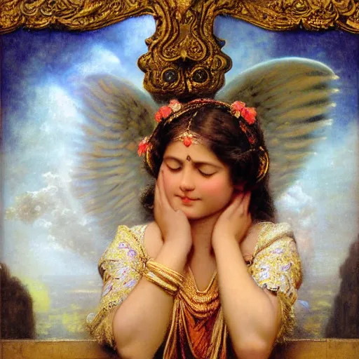 Prompt: detailed portrait of hindu traditional girl with wings high - tech vr headset in baroque painting, girl graceful, eyes closed, painting by gaston bussiere, craig mullins, j. c. leyendecker, lights, art by ernst haeckel, john william godward, hammershøi,,