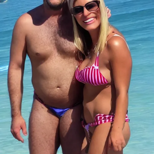 Image similar to photo of a 4 0 year old man that looks young for his age dating a very attractive 2 2 year old woman wearing a bikini. his wife is visibly upset in the background. lol