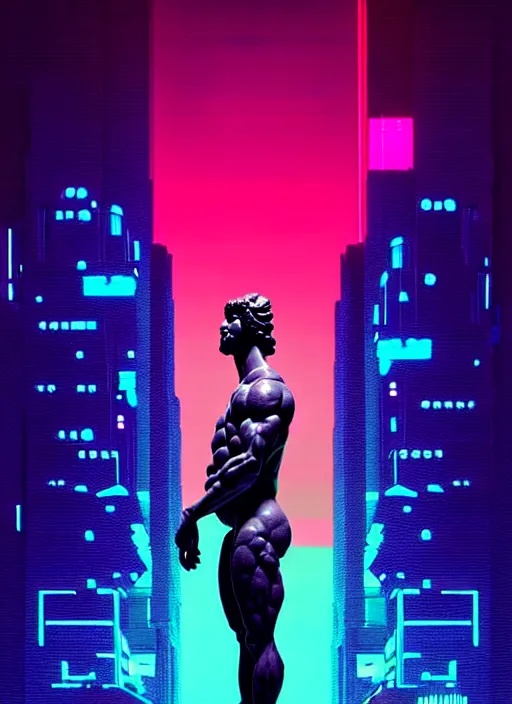 Prompt: statue of hercules, beeple, android jones, liam wong, ( ( ( ( ( dan mumford ) ) ) ) ), vaporwave, retrowave, black background, thin neon lines, black, glitch, strong contrast, cuts, pinterest, trending on artstation