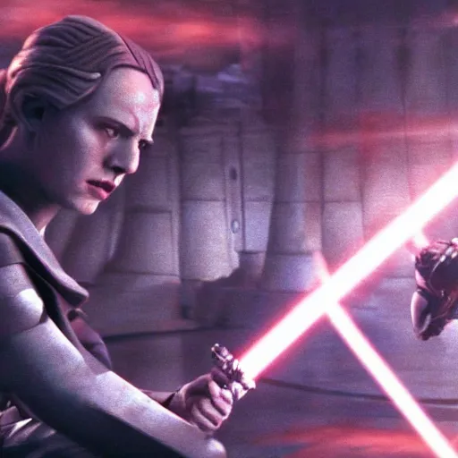 Image similar to battle of the heroes, dramatic composition, bloom, post processing, movie still from revenge of the sith