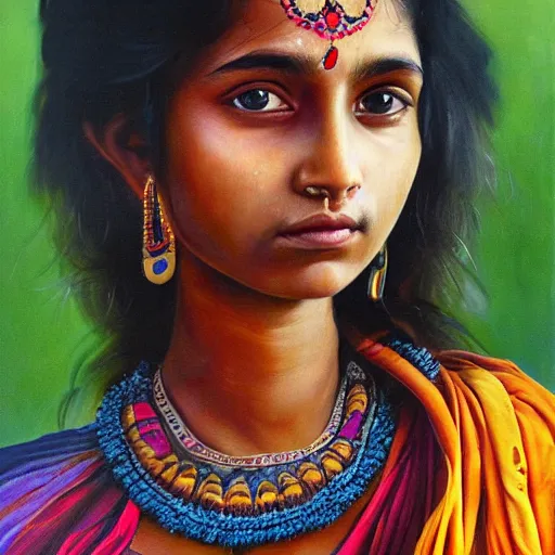 Prompt: stunning, breathtaking, awe - inspiring award - winning concept art portrait painting by steve mccurry of a beautiful young hindu woman warrior with short, wavy hair, wearing a colorful sari