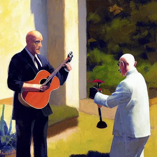 Prompt: a portrait of agent 4 7 from hitman dressed as a gardener playing a guitar in a monestary next to an elderly priest, by gregory manchess, james gurney, james jean