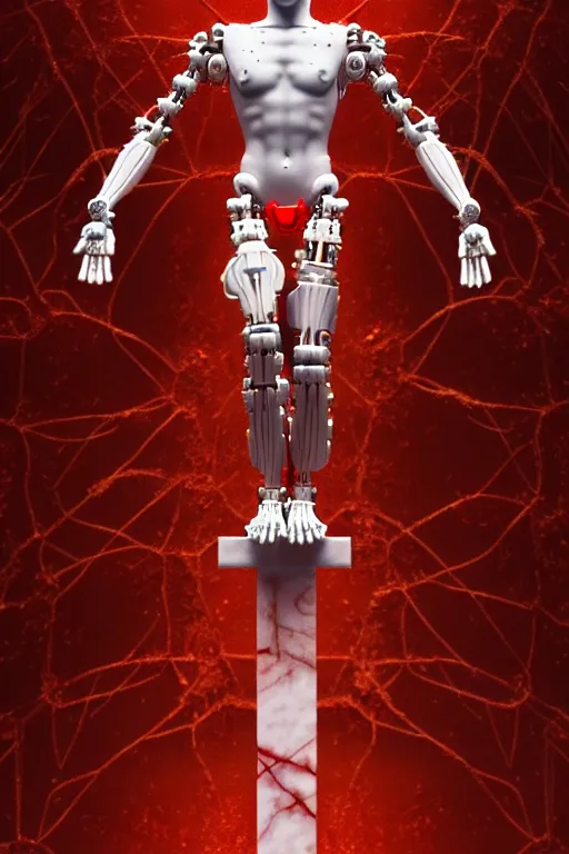 Prompt: high detailed forest a statue jesus on cross made of red marble, perfect symmetrical body, full body shot, inflateble shapes, white biomechanical details, wearing epic bionic cyborg implants, masterpiece, intricate, biopunk, vogue, highly detailed, artstation, concept art, cyberpunk, octane render