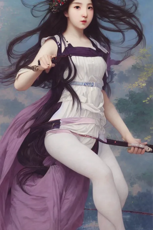Prompt: Full View of Eunha from Viviz and gFriend wearing a purple military uniform and puffy silk shorts and white leggings. masterpiece 4k digital illustration by Ruan Jia and Mandy Jurgens and Artgerm and william-adolphe bouguereau, award winning, Artstation, art nouveau aesthetic, Alphonse Mucha background, intricate details, realistic, panoramic view, Hyperdetailed, 8k resolution, intricate art nouveau