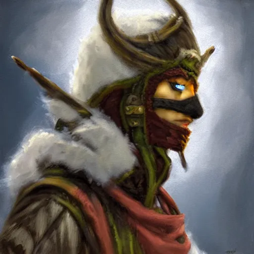 Prompt: fantasy snow bandit ‘ icewind dale ’ with mask, snow scene, ‘ icewind dale 2 ’ profile portrait by ‘ justin sweet ’, falling snow, soft focus, oil paint