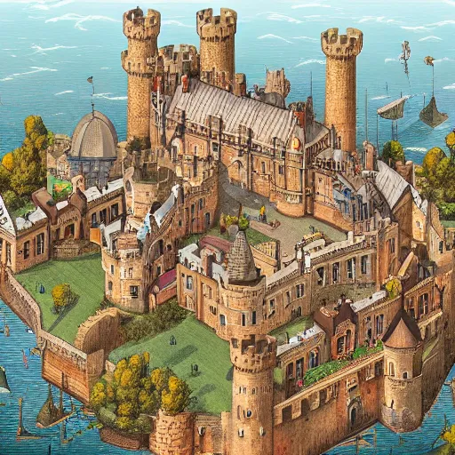 Prompt: an isometric view of crowded medieval castle in the middle of england, illustration, art, hyper detailed, foggy, cinematic