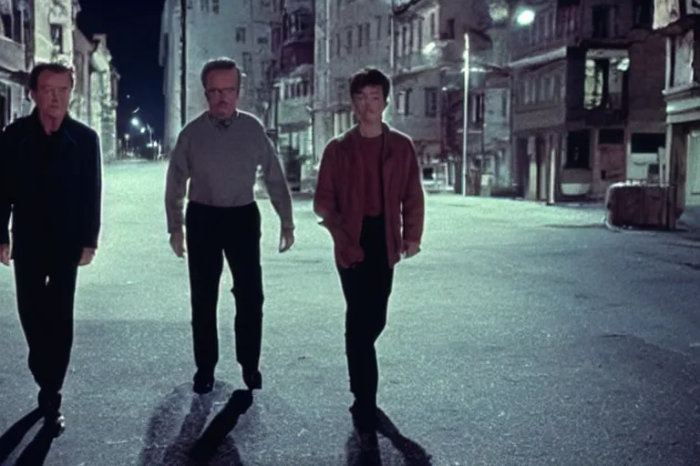 Image similar to film still of bryan cranston and jungkook in cosmic horror! the musical by david cronenberg, walking together, budapest street background, 3 5 mm film, atmospheric, ultra fine detail, film grain, photorealistic, hyperrealistic dramatic lighting