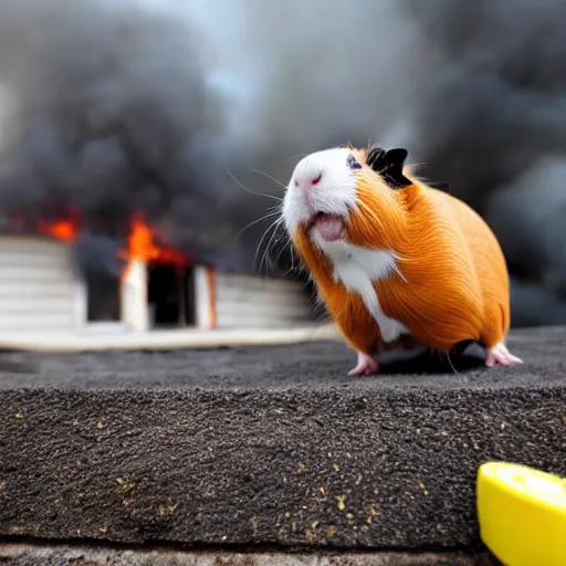 Image similar to a Guinea pig taking a selfie in front of a burning house