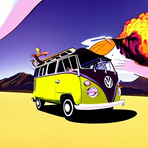 Image similar to a caricature drawing of a vw volkswagen bus, camper, bulli, type - 2, microbus, kombi, flying towards the camera, jumping at the viewer, dynamic action shot, fish - eye lense, frontal, a vulcano is erupting in the background