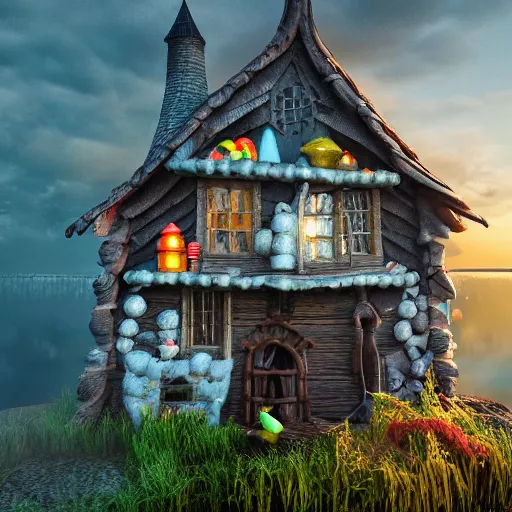 Prompt: a witches house made out of realistic candy on the ocean, epic scene, fantasy, redshift render, cgi, hyper - detailed, photo - bash, 8 k post - production, masterpiece