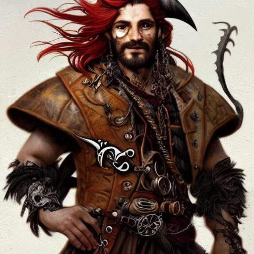 Image similar to portrait of a boar - man hybrid pirate, male, handsome, masculine, full body, red hair, long hair, soft hair, fantasy, intricate, elegant, highly detailed, steampunk, airship, digital painting, artstation, concept art, character art, smooth, sharp focus, illustration, art by artgerm and greg rutkowski and alphonse mucha