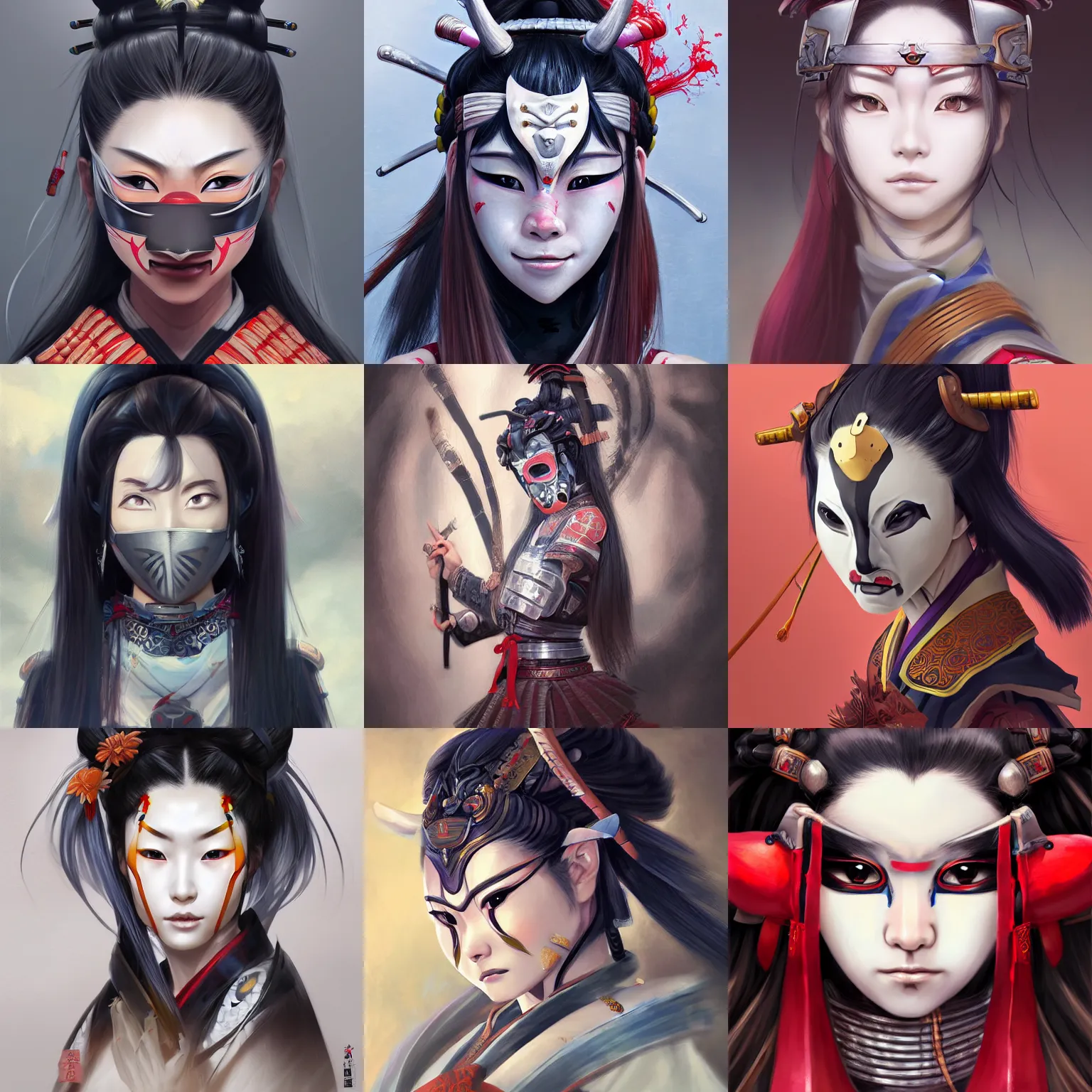 Prompt: A realistic anime portrait of a samurai woman, wearing an Oni mask on face, wearing samurai armor, digital painting, by Stanley Artgerm Lau, WLOP, and Rossdraws, digtial painting, trending on ArtStation, deviantart