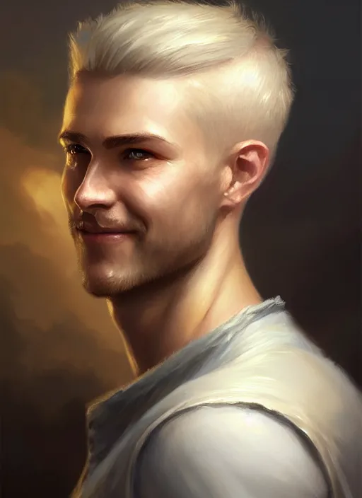 Image similar to a _ fantasy _ style _ portrait _ painting _ of white male short fringe light brown hair short head smiling clean shaven round face rpg dnd oil _ painting _ unreal _ 5 _ daz. _ rpg _ portrait _ extremely _ detailed _ artgerm _ greg _ rutkowski _ greg