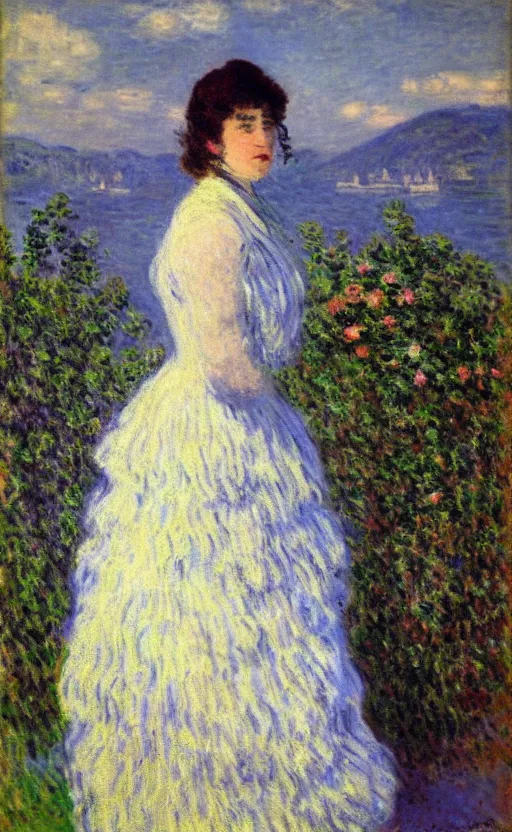 Image similar to portrait by claude monet!! of a lovely woman!! looking at us daydreaming! lake como in background!!!