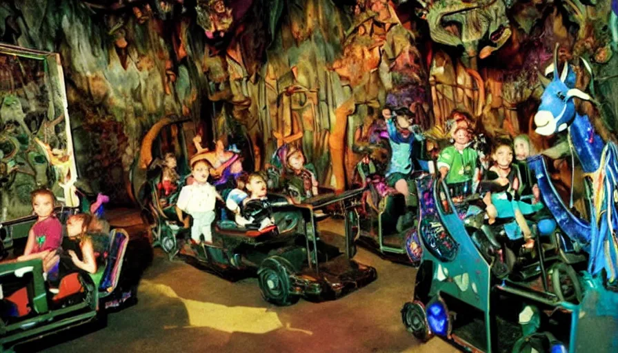 Prompt: 1990s photo of inside the Magic goats haunted house ride at Disney World in Orlando, Florida, children riding on robotic goats through a haunted house, cinematic, UHD