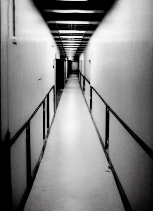 Image similar to hospital hallway with a devilish demon at the end, back rooms, liminal horror, uncanny valley, found footage horror movie, shot on expired kodak tri - x film, extremely unsettling