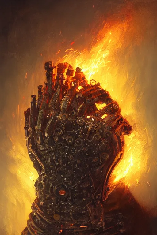 Image similar to mechanical power glove imbued with the power of fire, biomechanical, magical artifact, legendary, digital illustration, professional art by Seb McKinnon, cgsociety, fantasy, magic