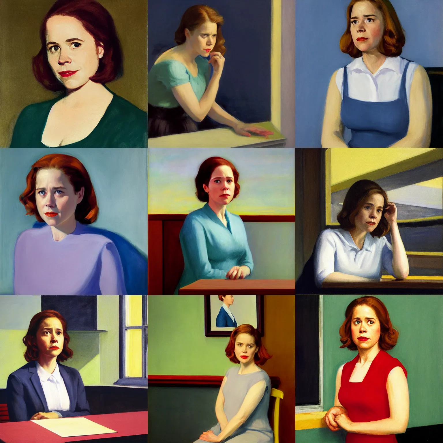 Prompt: portrait of Pam Beesly by edward hopper