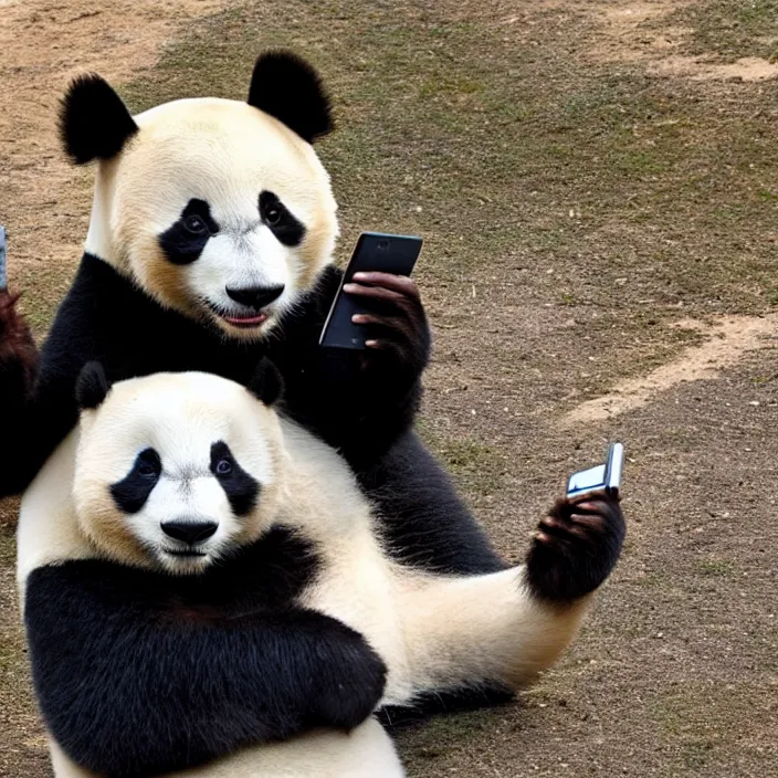 Prompt: a panda is taking a selfie with a smartphone