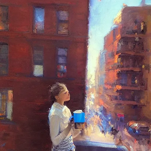 Image similar to “ back view of a girl holding a cup of coffee leaning out of a window overlooking the east village in new york city, morning light, by daniel gerhartz ”