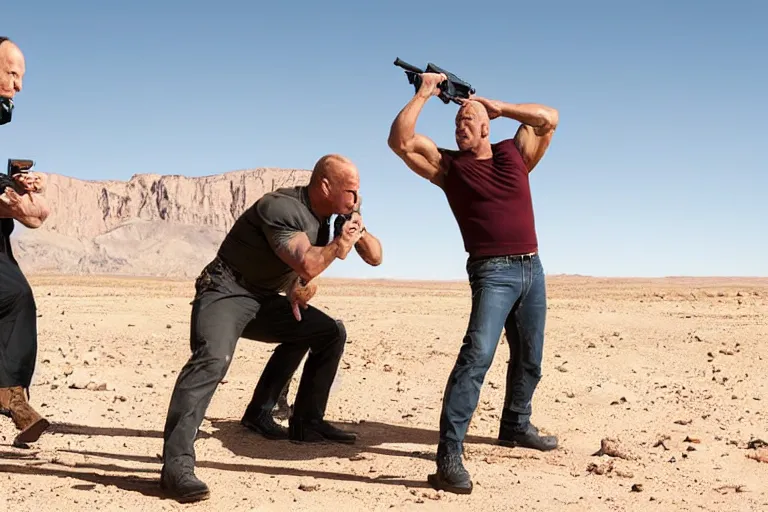 Image similar to dwayne johnson shooting bob odenkirk in the desert, movie still, photorealistic, detailed realistic bodies, realistic faces, clea composition