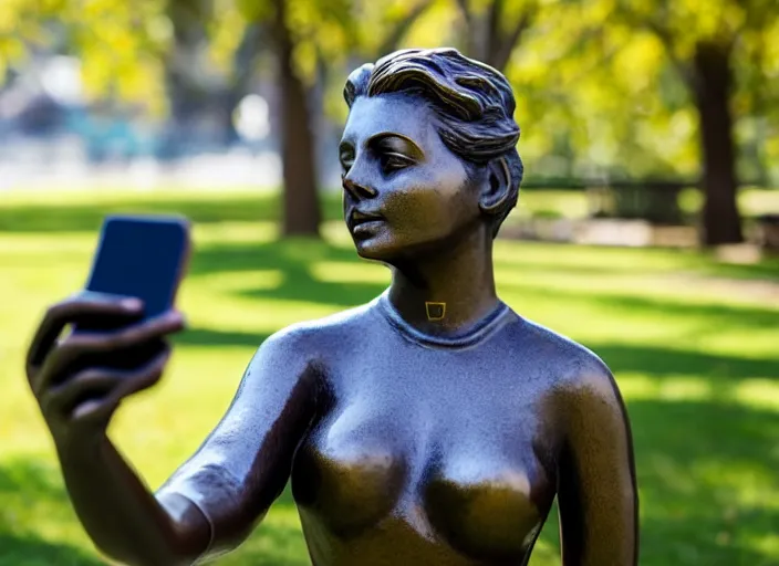 Prompt: photo still of a bronze statue of a woman using an iphone to take a selfie, in a park on a bright sunny day, 8 k 8 5 mm f 1 6