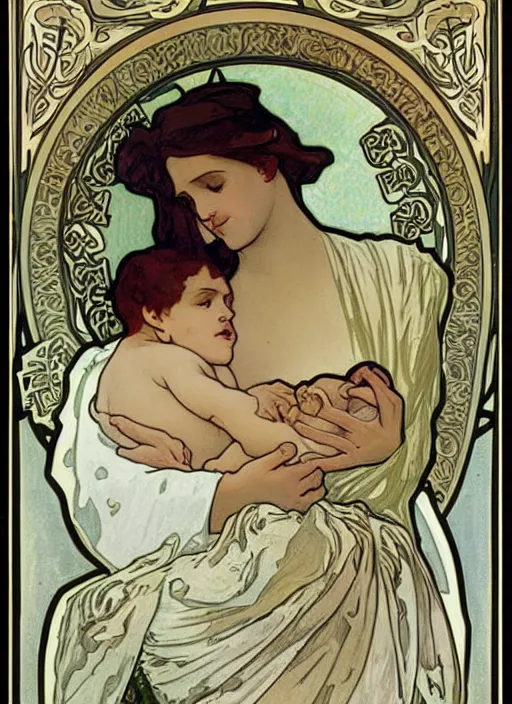Prompt: an art nouveau painting by alphonse mucha of a mother cradling her newborn baby