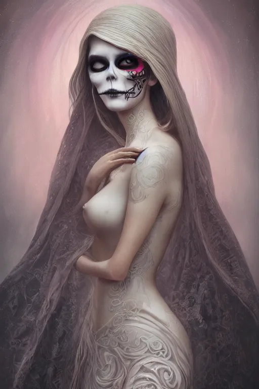 Prompt: ultra realist and ultra intricate detailed soft painting of a beautiful slim but curvy muerte girl in a long dress, thin lustrous hair, symmetry features, sensual gloomy style, soft painting, volumetric clouds, fantasy background, artstation, Tom Bagshaw artstyle, unreal render