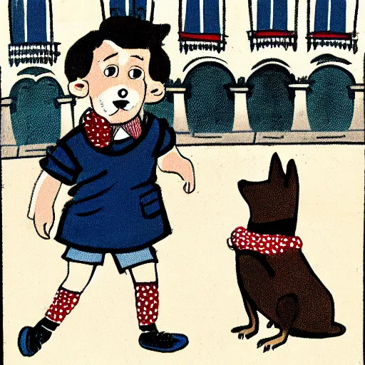 Image similar to book illustration of a french boy on the streets of paris playing football against a corgi, the dog is wearing a polka dot scarf, 1 9 6 6