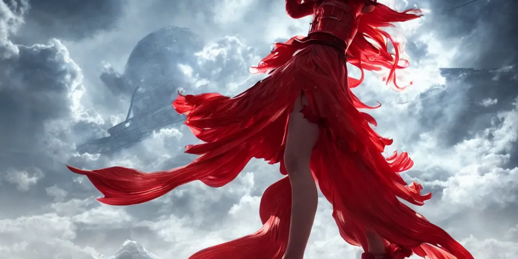 Image similar to epic scene of ( most gorgeous attractive final fantasy 7 character hyper detail in amazing detail red dress with lots of detail, beautiful detailed face ) ( fighting ) hyper realistic 3 d render, art station, particles, epic scene, mucha, clouds, jump pose, focus, action,
