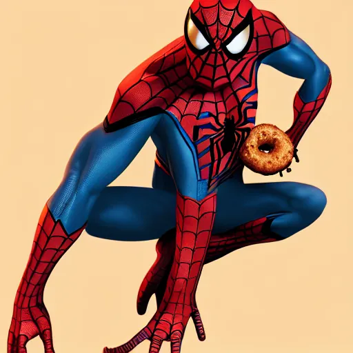 Image similar to spider - man sit on the raccoon and eating donuts, concept art, trending on artstation, highly detailed, intricate, sharp focus, digital art, 8 k