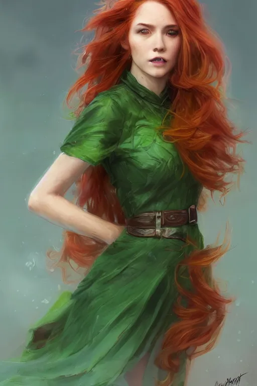 Prompt: beautiful cute red haired joyful and playful 1 9 year old maiden standing up in a green dress, long hair, sci - fi, fantasy, intricate, elegant, digital painting, artstation, concept art, smooth, 8 k frostbite 3 engine, ultra detailed, art by artgerm and greg rutkowski and magali villeneuve