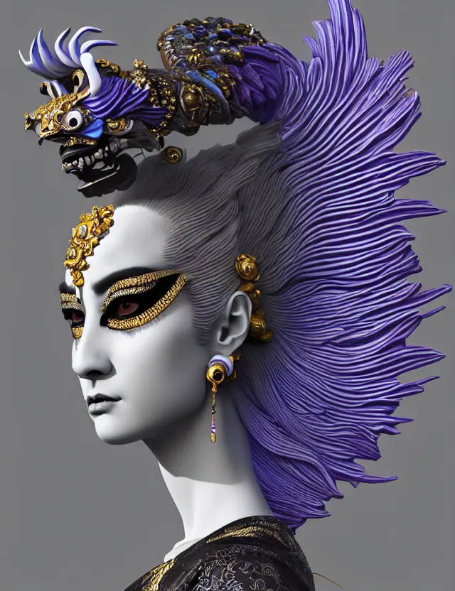 Image similar to 3 d goddess close - up profile simple portrait baroque queen with mohawk with ram skull. beautiful intricately detailed japanese crow kitsune mask and clasical japanese kimono. betta fish, jellyfish phoenix, bio luminescent, plasma, ice, water, wind, creature, artwork by tooth wu and wlop and beeple and greg rutkowski