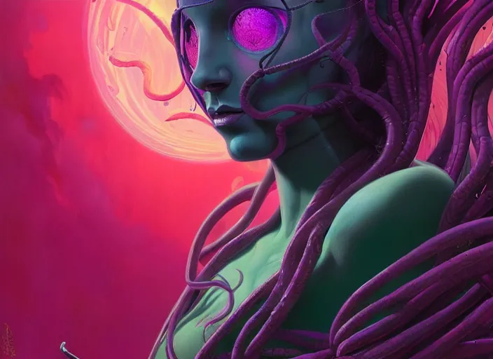 Prompt: A psychedelic enhanced medusa geryon (variant) , vibrant color scheme, highly detailed, in the style of romanticism, cinematic, artstation, Moebius, Greg rutkowski