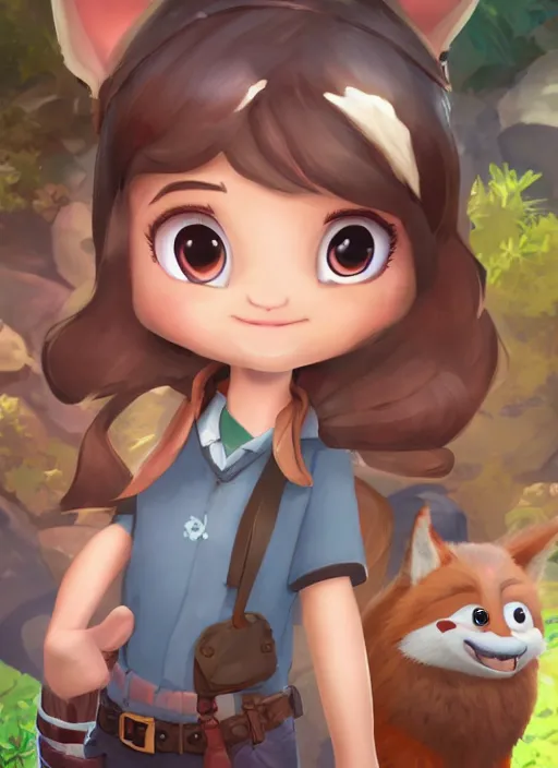 Prompt: female explorer mini cute girl, adoptable, highly detailed, rendered, ray - tracing, cgi animated, 3 d demo reel avatar, style of maple story and zootopia, maple story indiana jones, fluffy fox ears, dark skin, cool clothes, soft shade, soft lighting, portrait pose