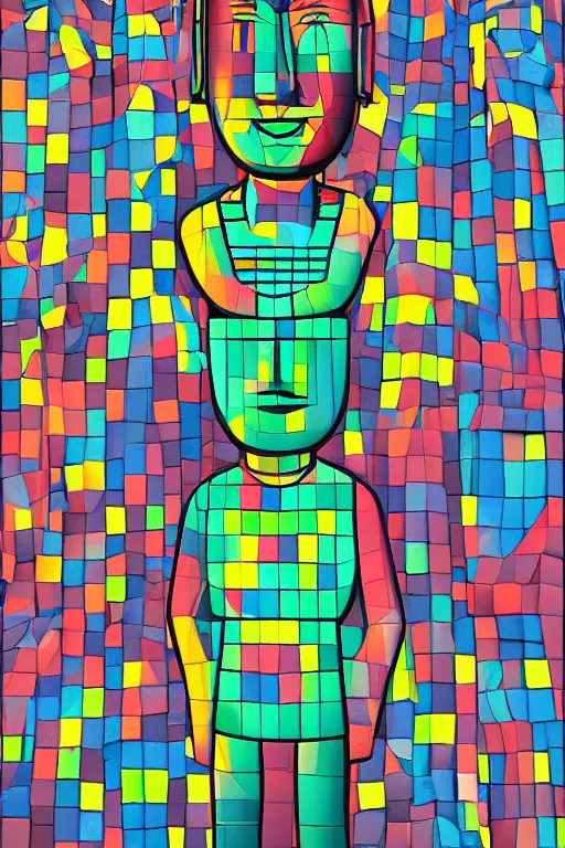 Image similar to cubist moai statue cutout digital illustration cartoon colorful beeple